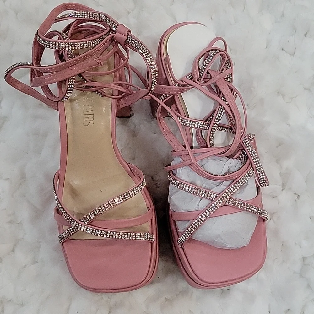 Dream Pairs pink platform heel lace up rhinestone tie strap chunky heel 7.5 NEW…